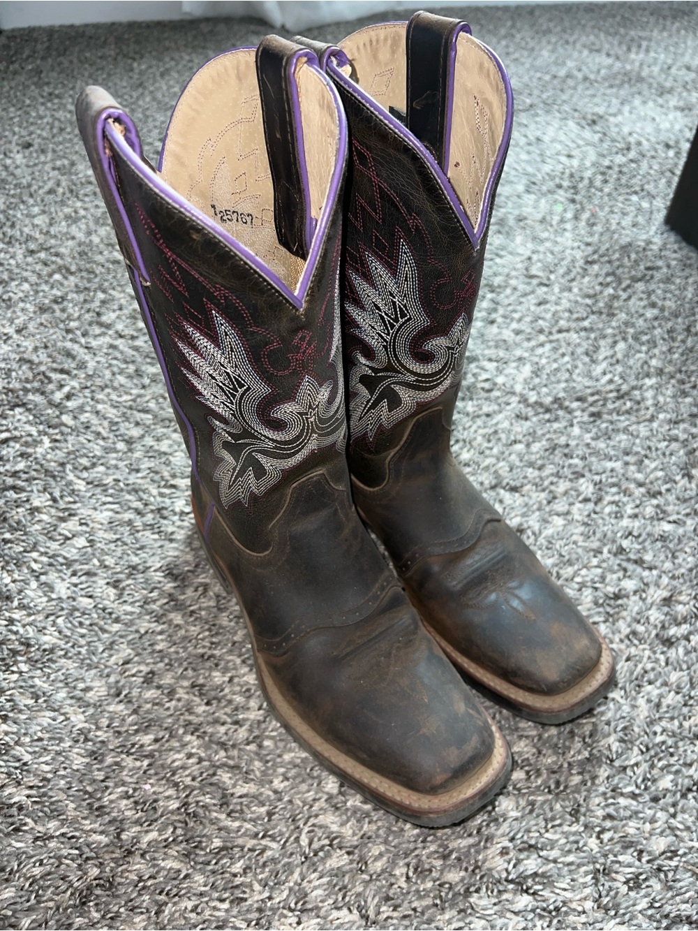 Double H Brown Leather Women's Cowboy Boots with Purple Trim